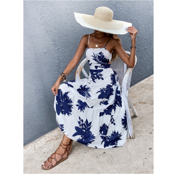 White Dress Blue Floral Print Midi Cut Out Back - Picture 5 of 10